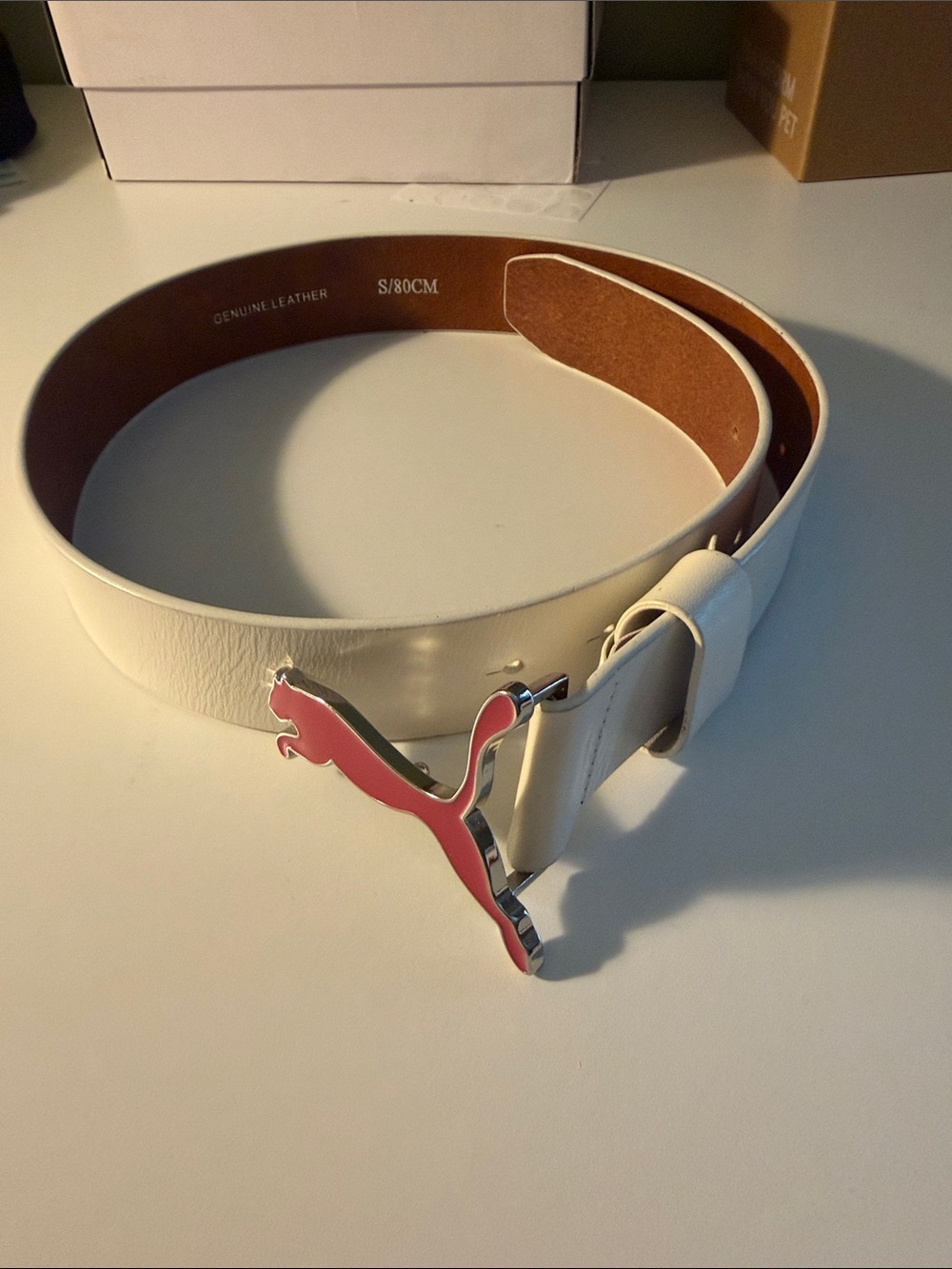 Puma White Leather Belt with Pink Puma Cat Buckle